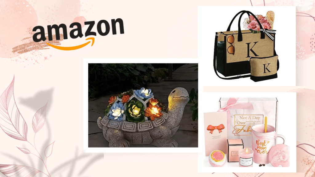 3 mother's day products from shop amazon, including a delicate turtle flower light, a bag with a purse, and a set of pink gift (candles, cups)