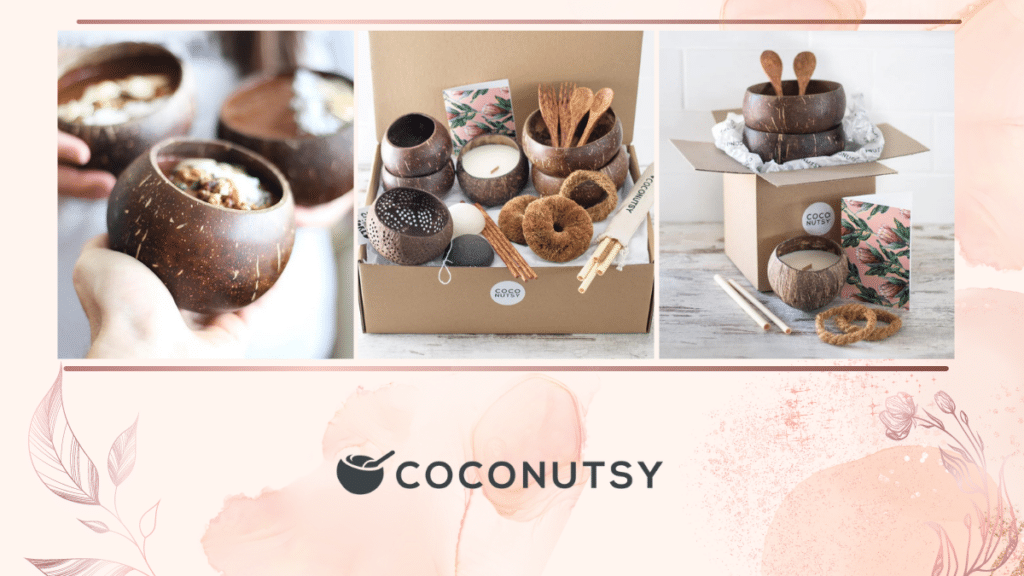 3 mother's day products from shop COCONUTSY, including coconut cup set, coconut eco friendly hamper, and toasted coconut candles in jumbo coconut bowls