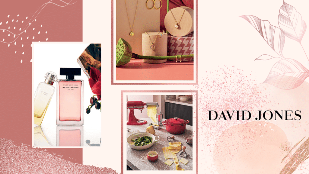 3 mother's day products from shop DAVIDJONES, including perfumes, jewelry - necklace, earrings, and necklaces, and a set of kitchenware