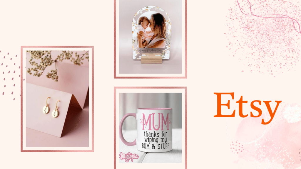 3 mother's day products from shop Etsy, including a pair of earrings, a photo frame, and a white & pink mug