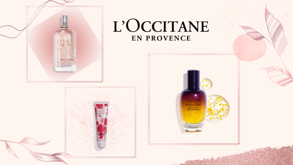 3 mother's day products from shop L'OCCITANE, including two bottles of perfume - light pink & colourful, and a ROSE lip balm