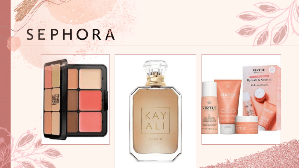 3 mother's day products from shop SEPHORA, including a eyeshadow palette, a golden colour bottle of vanilla perfume, a set of skin care product