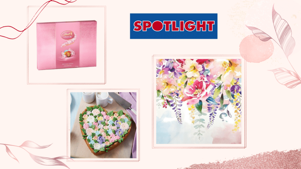 3 mother's day products from shop SPOTLIGHT, including a box of LINDOR chocolate, a cake in a shape of heart with flowers made with colourful cream, and a photo with flowers