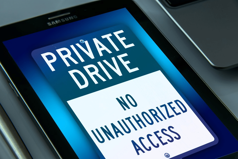 Samsung tablet screen showing Private Drive and "NO UNAUTHORIZED ACCESS"