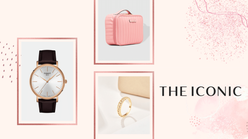 3 mother's day products from shop THE ICONIC, including a watch, a pink cosmetic bag, and a golden ring
