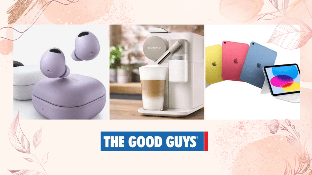 3 mother's day products from shop THE GOOD GUYS, including light purple earphones, a coffee machine, and four iPods in different colours - yellow, red, blue, and white.