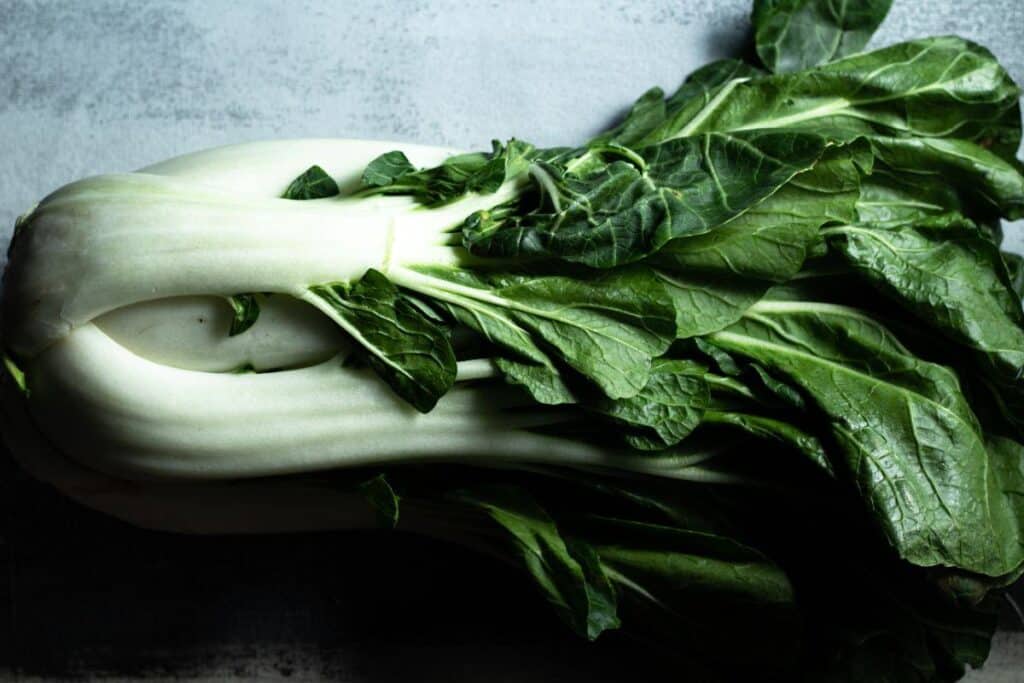 a close up of bok choy on a grey surface.