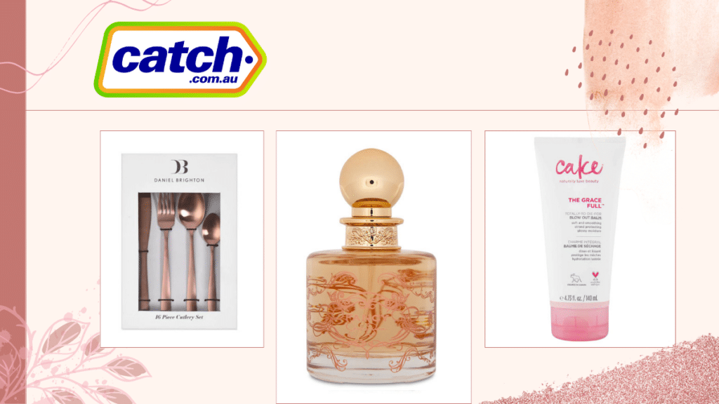3 mother's day products from shop catch, including a box of rose gold cutlery, a bottle of perfume, and a face balm