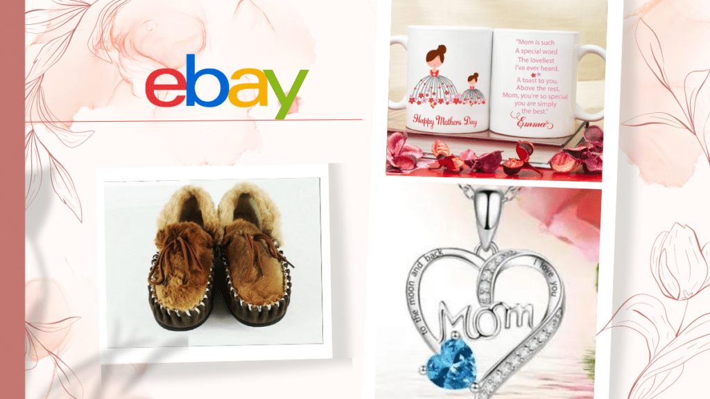 3 mother's day products from shop ebay, including a pair of UGG boots, two white cups, and a silver necklace in the shape of heart with engraved words.