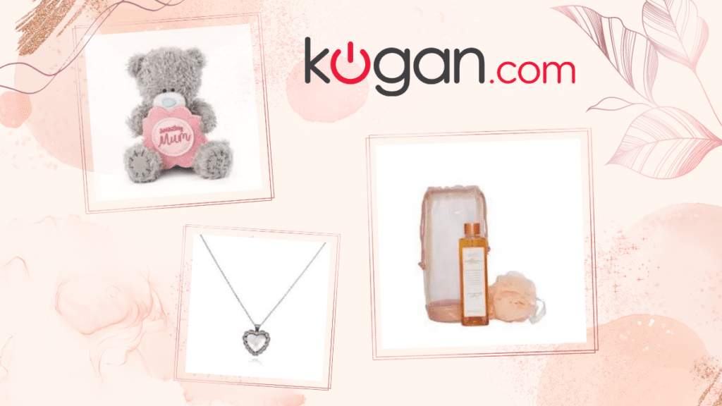 3 mother's day products from shop kogan, including teddy bear, a silver necklace in a shape of heart, and a set of skin care product
