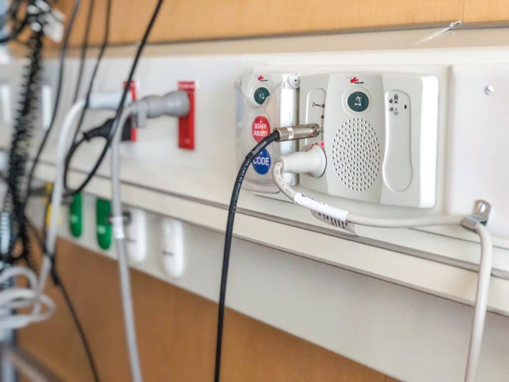 medical equipment cords in hospital room