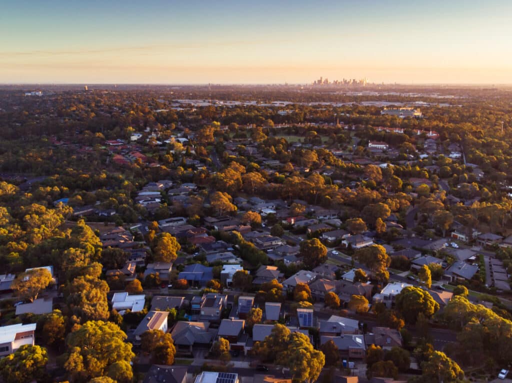 An winter's day aerial view over the suburb of Springthorpe in Macleod, Melbourne, Australia